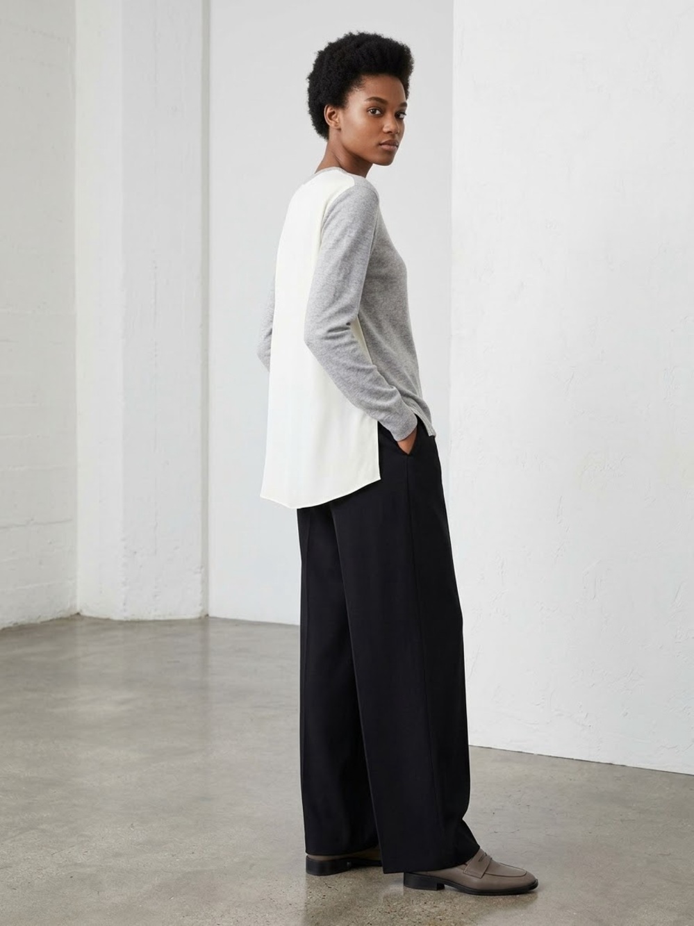 Tibi Layered Back Merino Wool Combo Sweater Heather Gray and Ivory